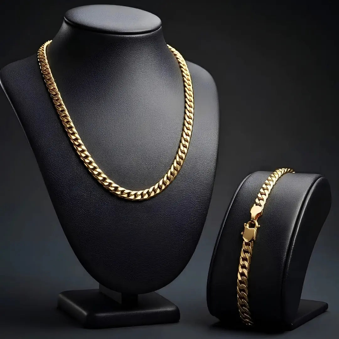 18K Gold Filled Unisex Curb Chain & Bracelet Set – Tarnish-Proof Miami Cuban Link Jewelry Set